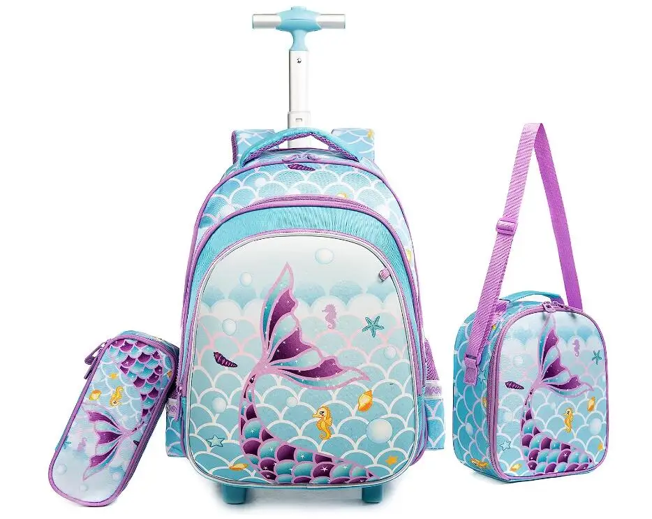 Sac à dos à roulettes pour enfants, sac à dos scolaire à roulettes pour filles, chariot à main pour élèves du primaire, 3 pièces