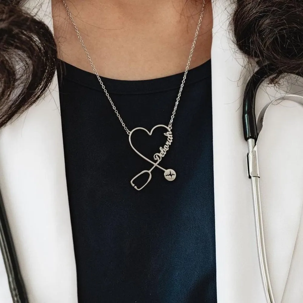 Custom Name Stethoscope Necklace Gold Silver Plated Heart Choker Personalized Name Necklaces Doctor Medical Jewelry Nurse Gift