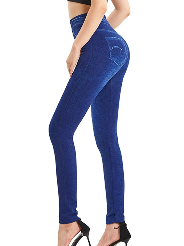 Leggings femininas impressas do falso jeans, calças lápis fitness, jeggings de cintura alta, leggins elásticos esportivos