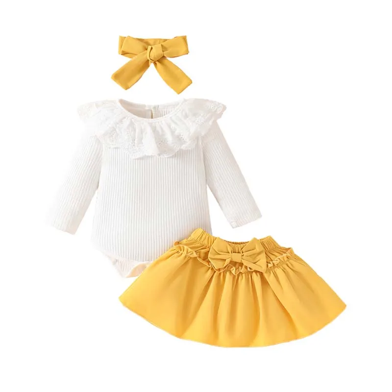 

Baby Clothes Autumn Girl 3PCS Set 0-18 Months Long sleeved ruffled Bodysuits Bow Skirt Hairband Infant Outfits