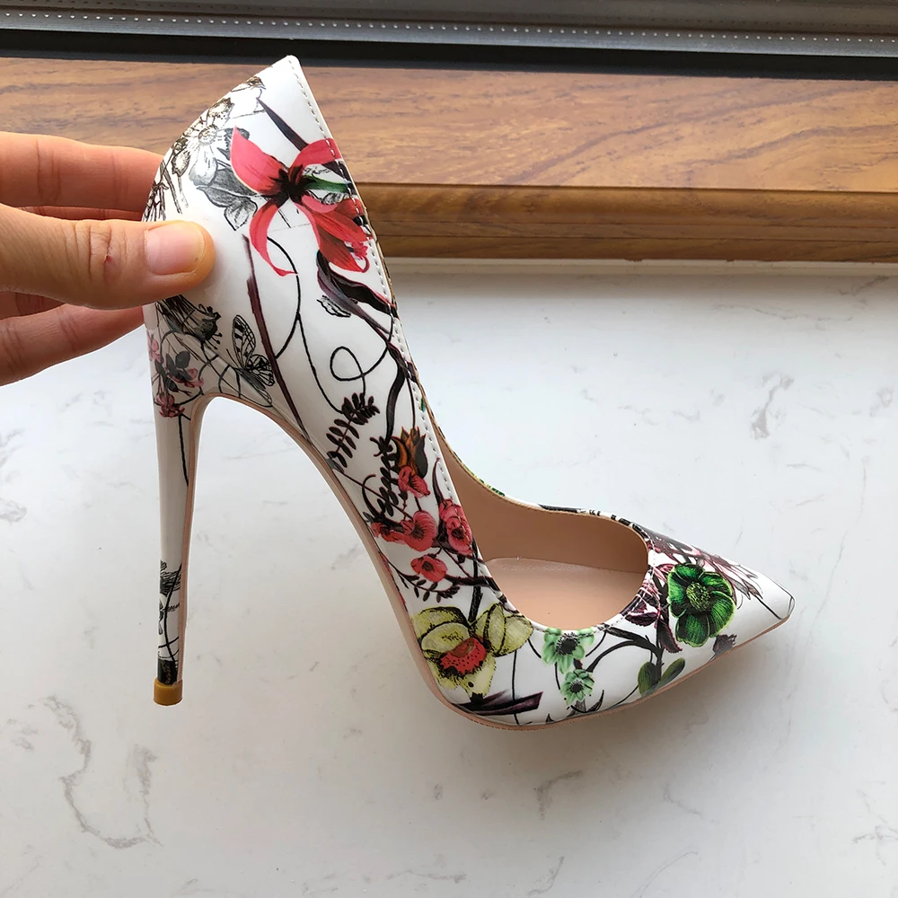 Tikicup Flower Printed Women White Patent Pointy Toe High Heel Wedding Party Dress Shoes 12cm 10cm 8cm Floral Stiletto Pumps