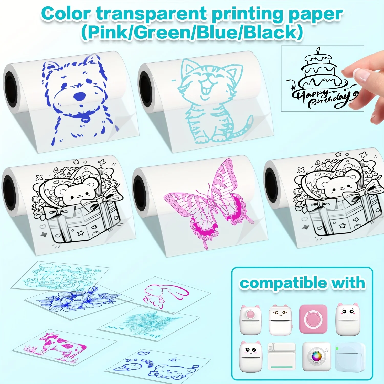 Transparent Color Printing Paper/Blue/Green/Black, Mini Transparent Tape 57mm, Compatible with Mini Printers for Coloring Print