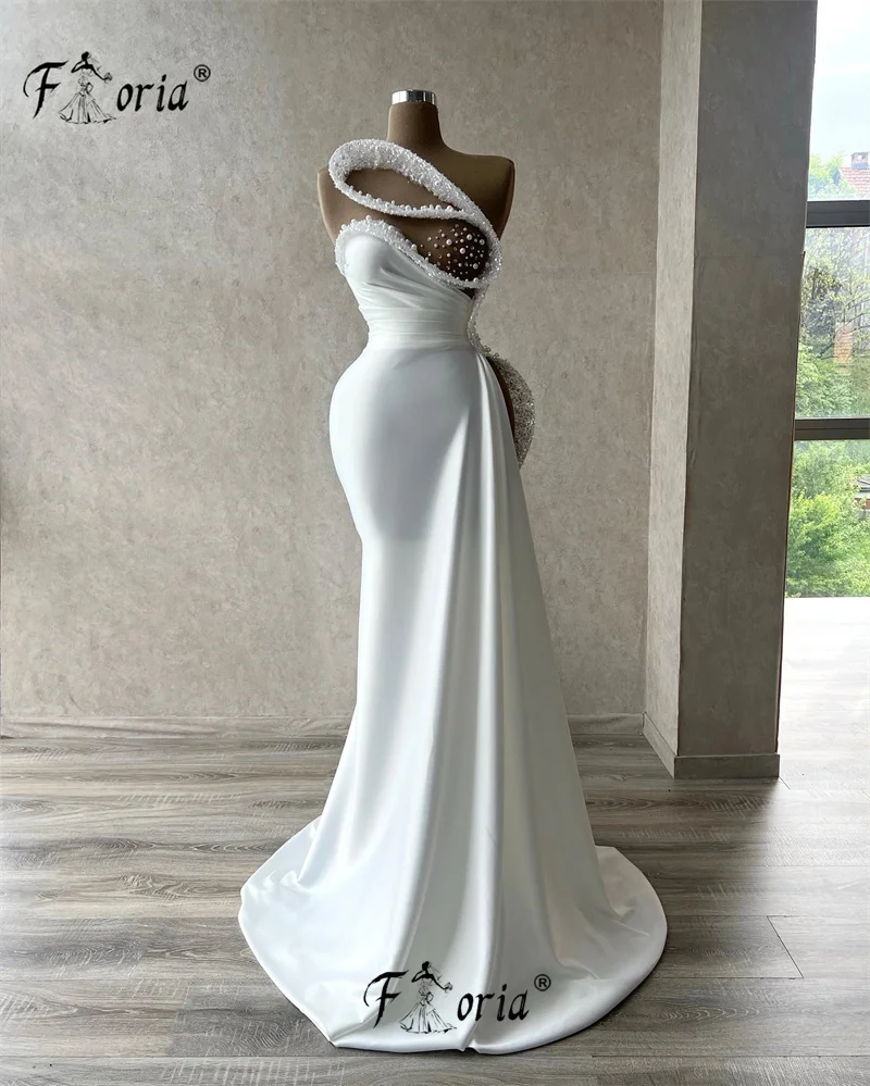 Elegant Dubai Mermaid Wedding Dresses 2024 White Pearls Ruched Satin Brides Party Gown Formal Ceremony Prom Dress Robe De Mariee