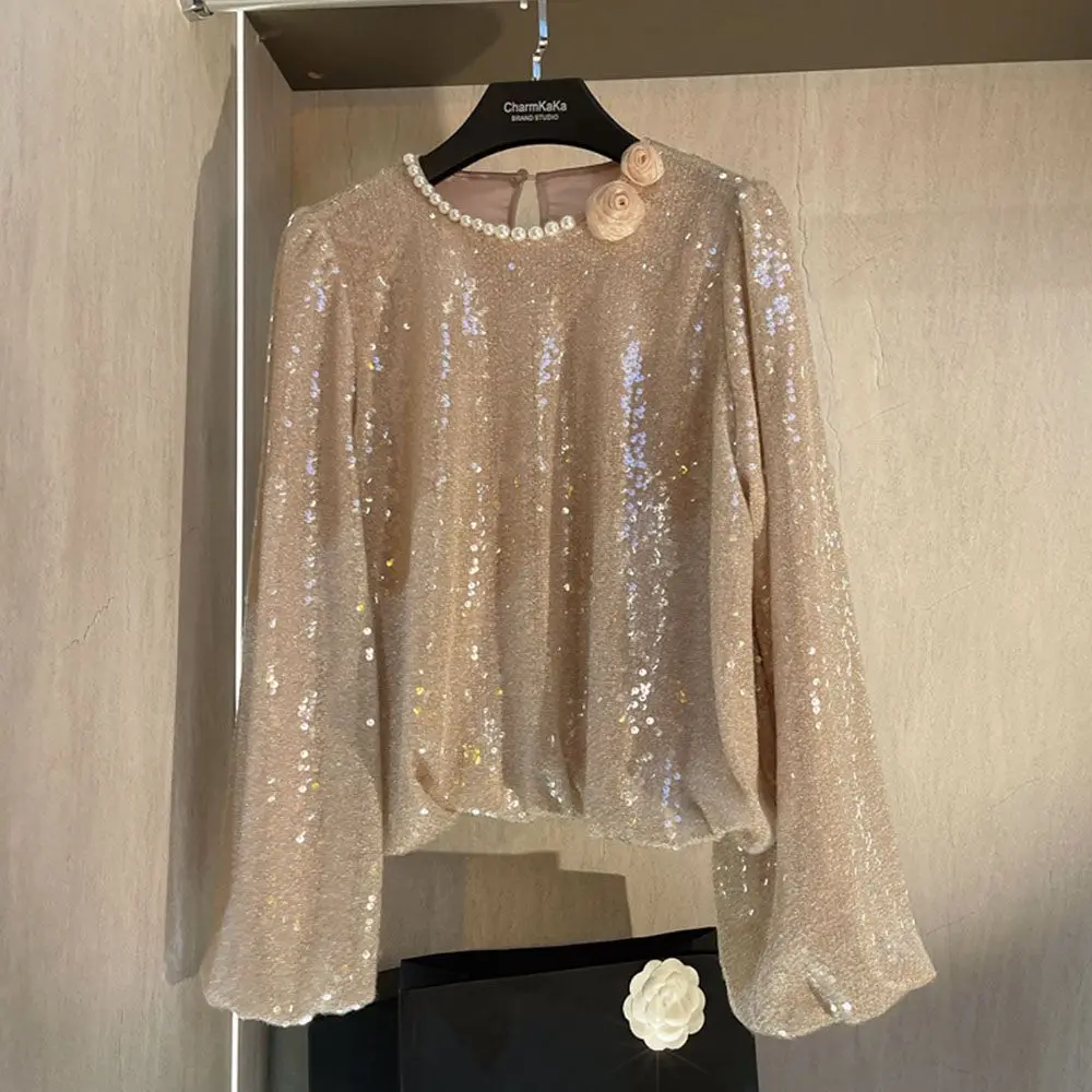 

Elegant Beaded Sequin Flower Shirt Loose Blouse Lantern Sleeve Top