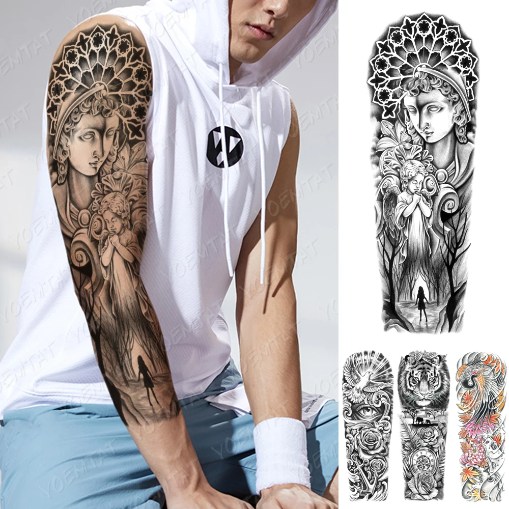 

Large Arm Sleeve Tattoo Christianity Virgin Mary Angel Waterproof Temporary Tattoos Sticker Lily Men Full Art Fake Tatoo Women