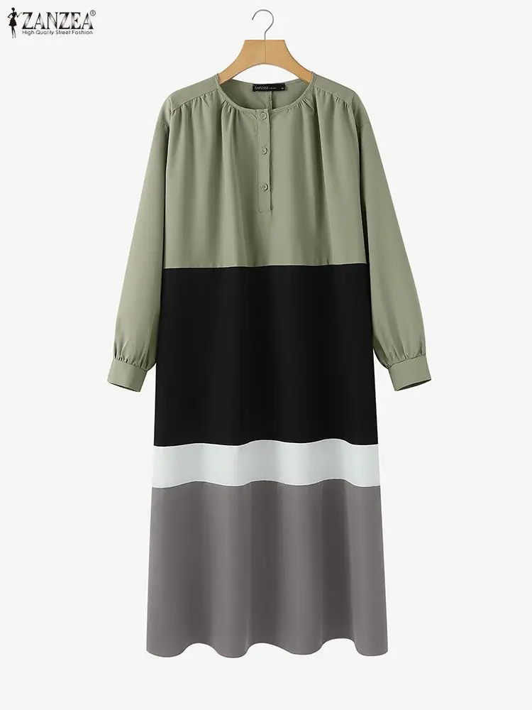 

ZANZEA стильные осенние платья с круглым вырезом и длинными рукавами, женское платье контрастного цвета, плиссированный халат, женский рабочий лоскутный сарафан миди 2025