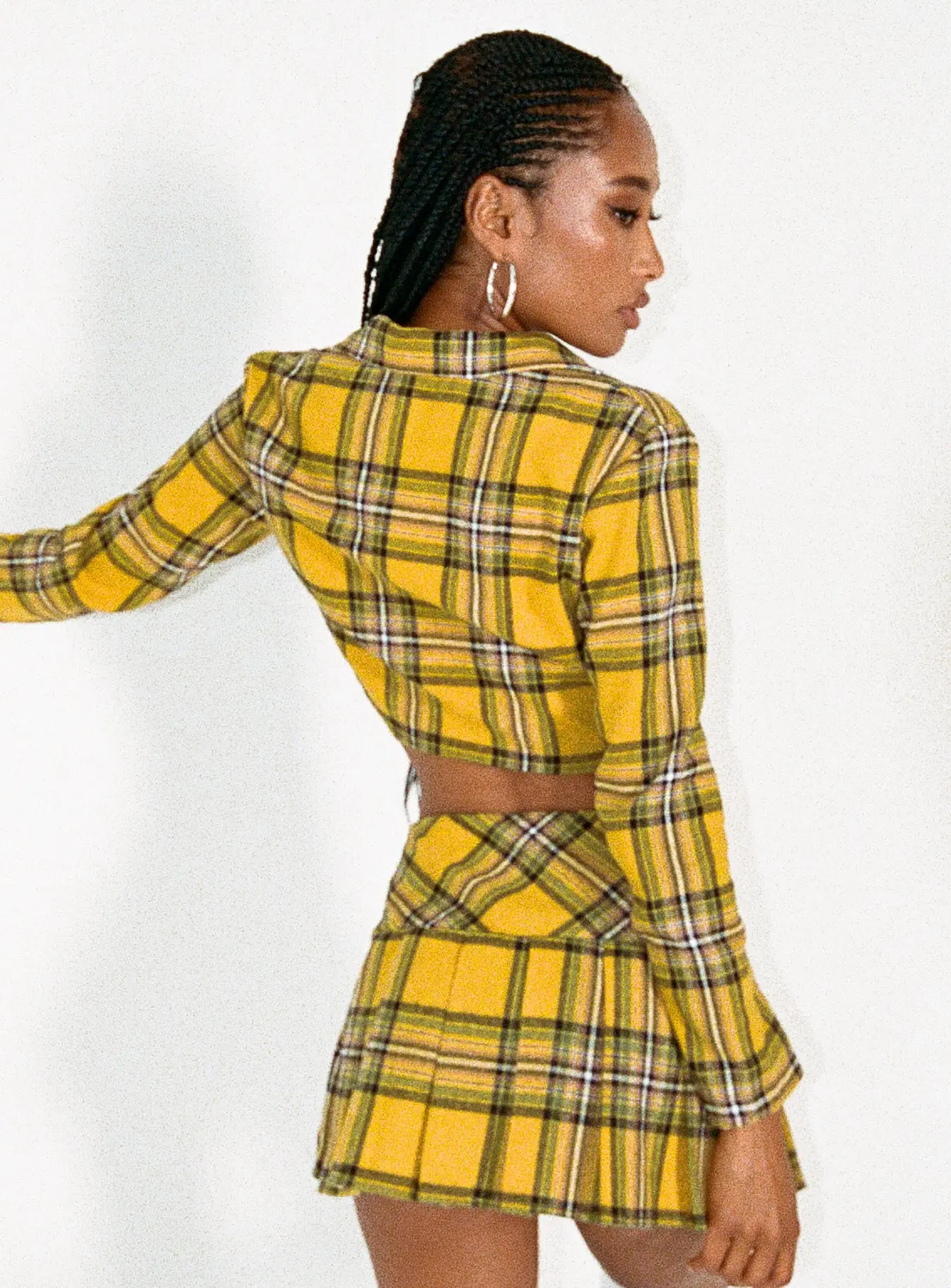 Women Autumn Academic Style 2 PCS Outfit Sets Long Sleeve Lapel V Cut Crop Tops + A-line Plaid Pleated Skirt Suit