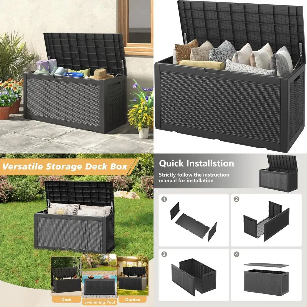 

Ящик для хранения на открытом воздухе из черной смолы, 100 галлонов — водонепроницаемый, устойчивый к УФ-излучению, с замком для патио, сада, бассейна