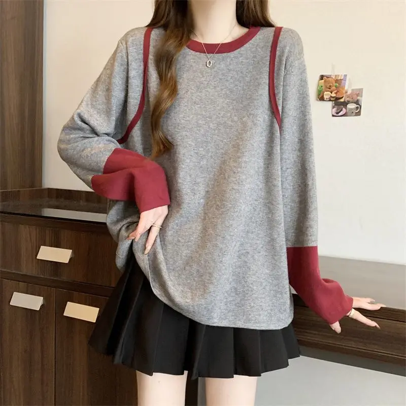Contrast Patchwork Plus Size Striped Lazy Style T Shirts Spring Autumn Long Sleeve Loose Trend Tops Fashion Casual Women Clothes