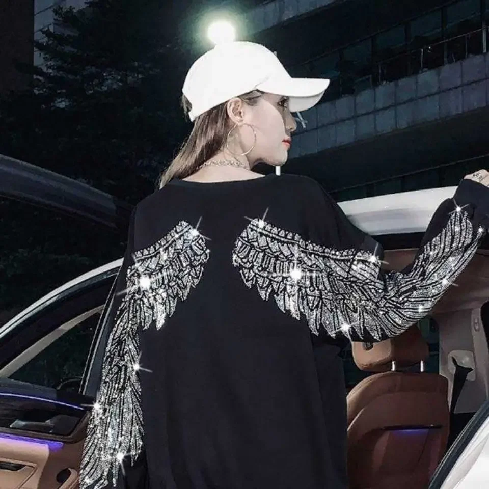 Tees Graphic Glitter Female Tops Loose Tshirts Rhinestone Hoodies Women's T Shirts Black Clothes Sequin Aesthetic Pulovers Goth