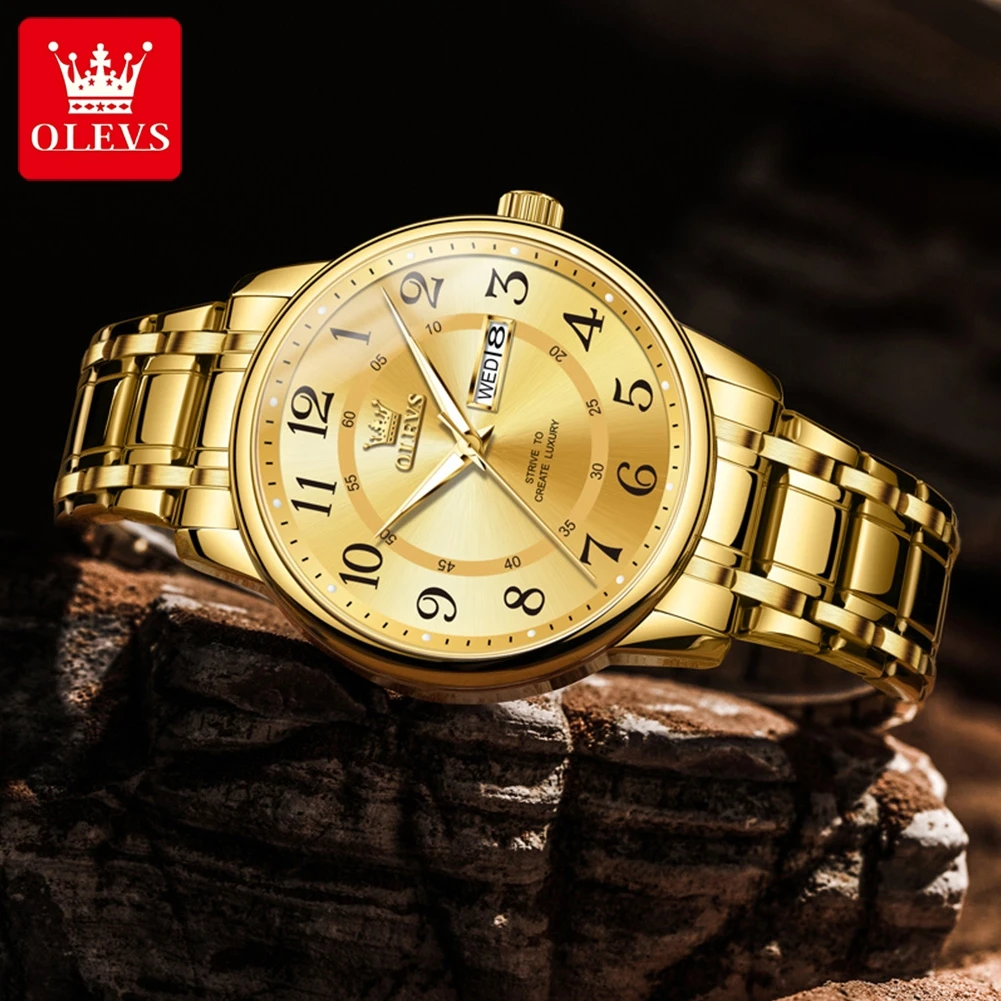 OLEVS 2891 오리지널 남성용 시계 클래식 디지털 다이얼 듀얼 캘린더 비즈니스 손목시계 방수 야광 쿼츠 시계