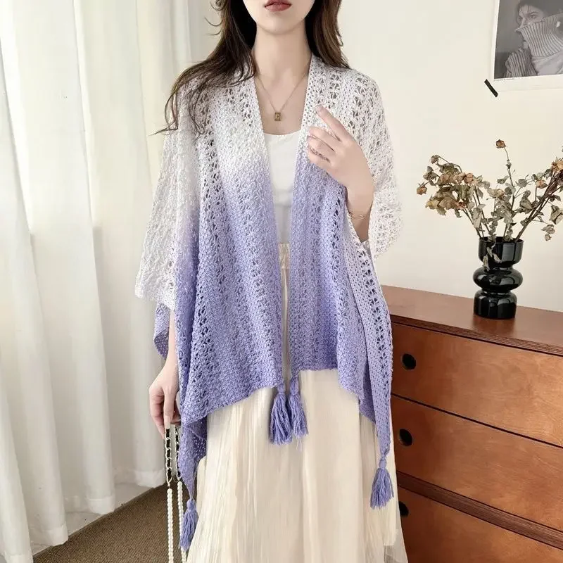 Womens Tie Dyed Hollow Knit Cardigan Shawl Cape