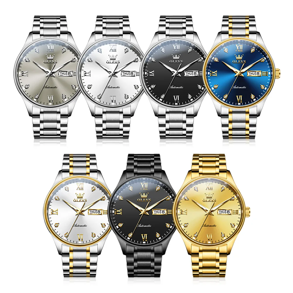 OLEVS 9955 Luxury Business Automatic Mechanical Watch Men Stainless Steel Waterproof Luminous Dual Calendar Simple Watch for Men