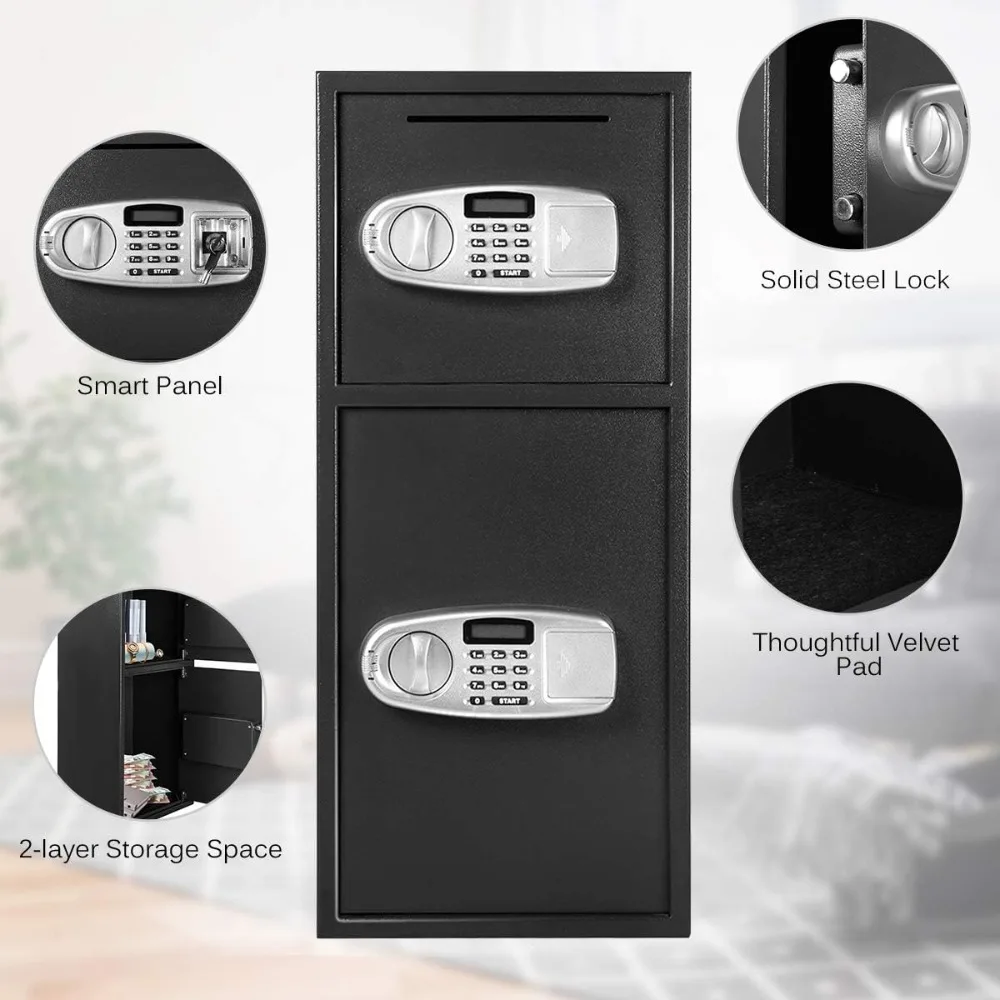 Double Door Digital Safe Box with Separate Keypad, Emergency Keys, and Security Drop Slot for Home or Office Use