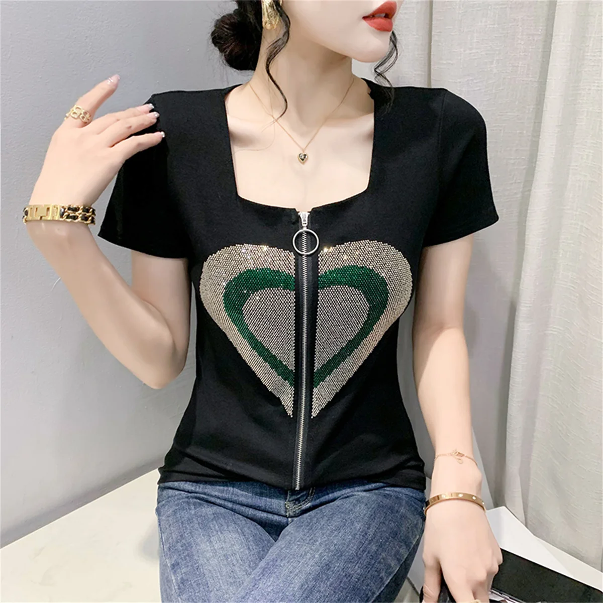 Summer Short Sleeve T Shirt Diamonds Women Square collar Casual Basice T Shirt Femme Sexy Zipper Slim Mesh Tees Female Tops