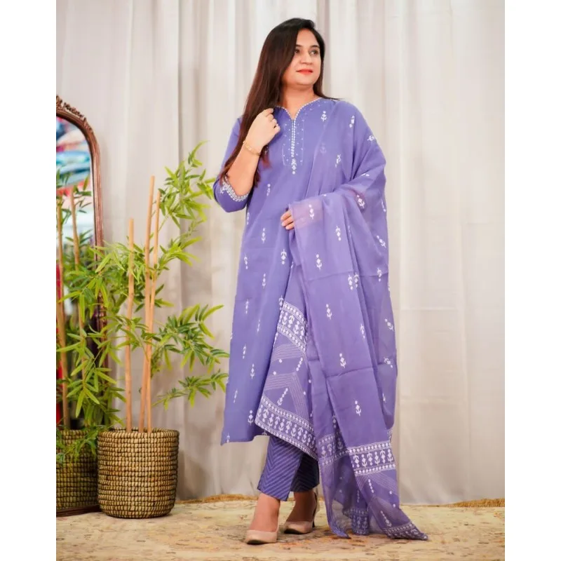 Purple Pakistani Women Indian Handmade Cotton Salwar Suit Kurta Gift Dress Set