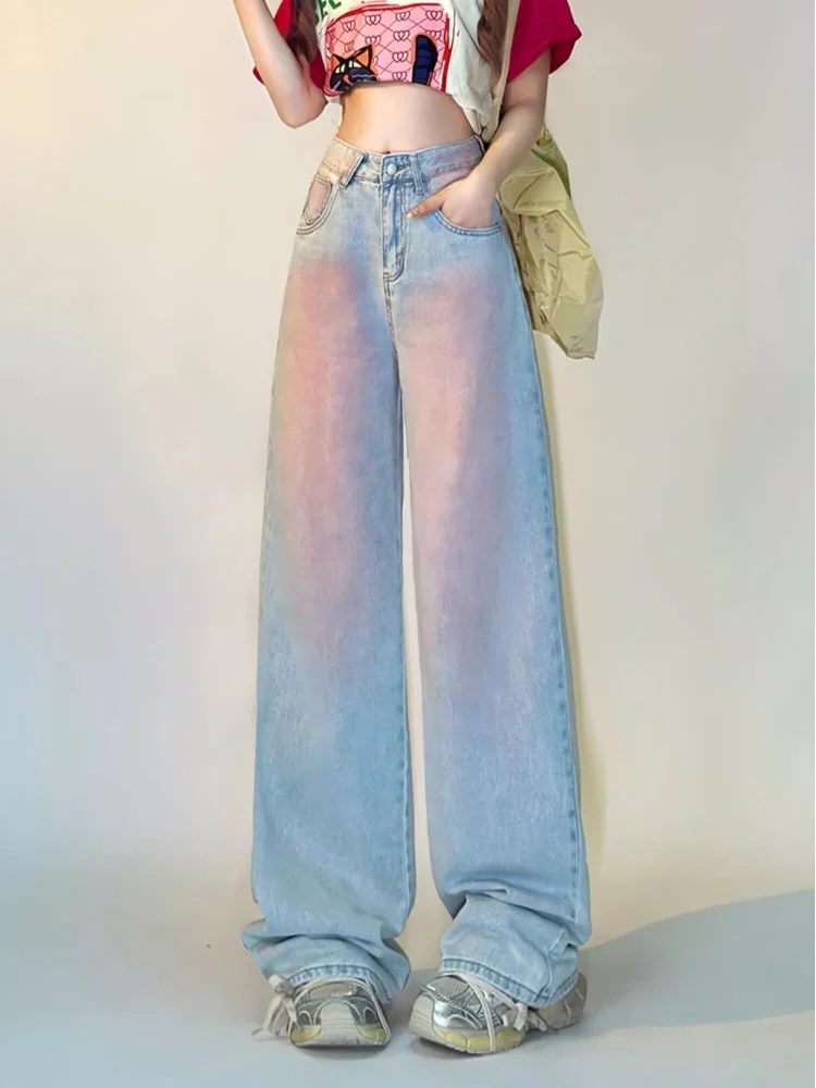 Nowe niebieskie jeansy damskie w stylu amerykańskim w stylu Vintage luźne Y2K casualowe proste dżinsy damskie z wysokim stanem