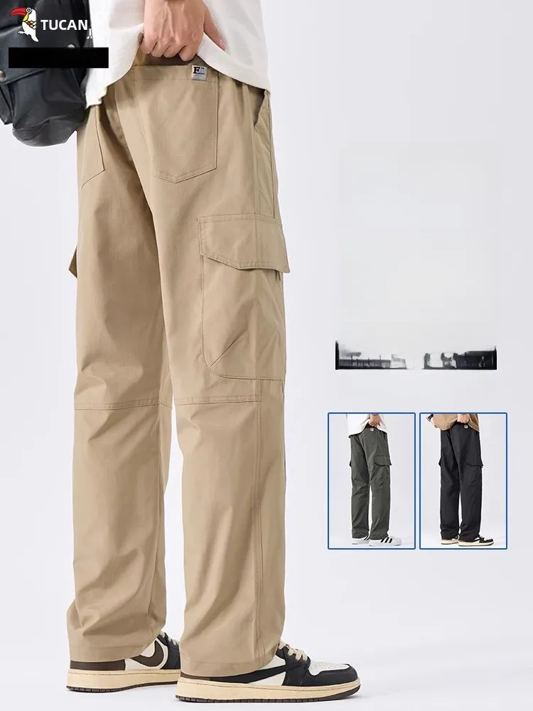 

Qui Dry Ice Silk Loose Fit Lightweight Men's Work Trousers Summer Casual Straight Leg Pants with Big kets Spor Leisure