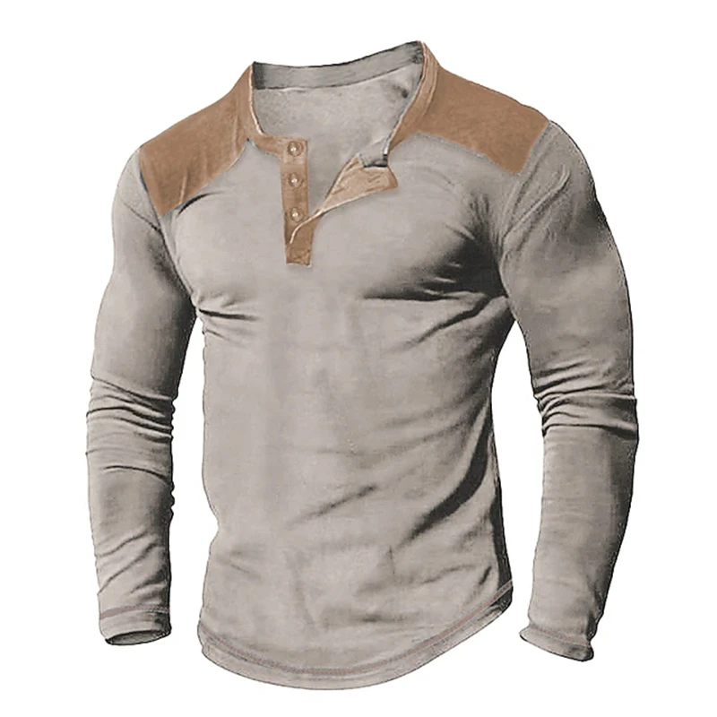 New Fall Solid-Color Printed Henley Shirt Men's Fashionable Retro Button-Down Long-Sleeve T-Shirt Tribal Men's Top
