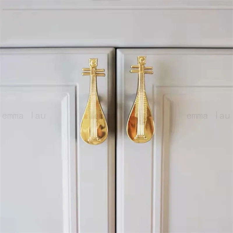 New Creative Lute Shape Brass Knob and Handle Single Hole Drawer Cabinet Door Knobs Wardrobe Cupboard Door Handles