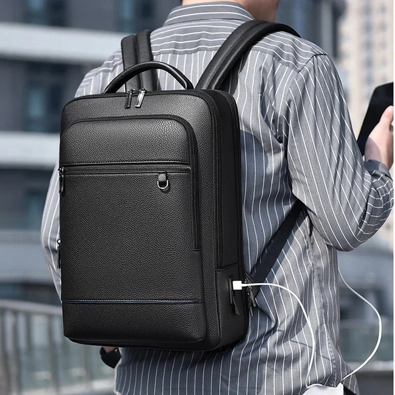 Men PU Leather Satchel Briefcase USB Charging Office Travel Laptop Executive Backpack Office Business Shoulder Back Pack Male