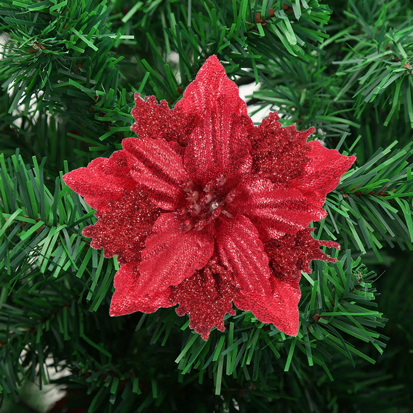 

8Pcs Xmas Flower Decor Artificial Christmas Tree Flowers Bright Glitter Powder Party Holiday Decorative Accessories