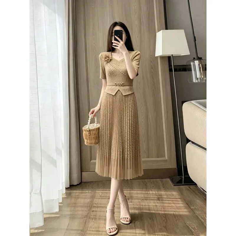 

Miyake Pleated Solid Color Dresses 2026 Summer New Design Sense Solid Beaded Elegant High-end Slim French Waist-cinching Dress