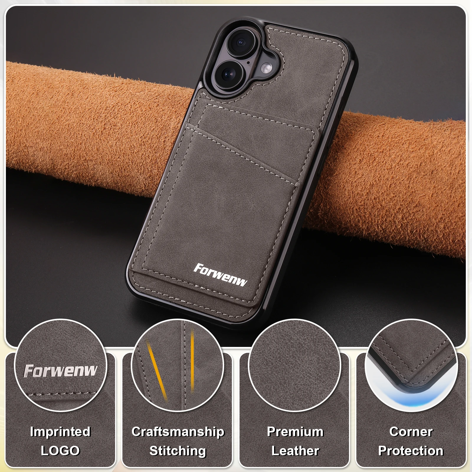 Business Flip Lederhülle für iPhone 18 17 Air 16E 17E 16 15 14 13 12 11 Pro Max Plus Mini mit integrierter Kartenfunktion und Geldbörse – Detail 7