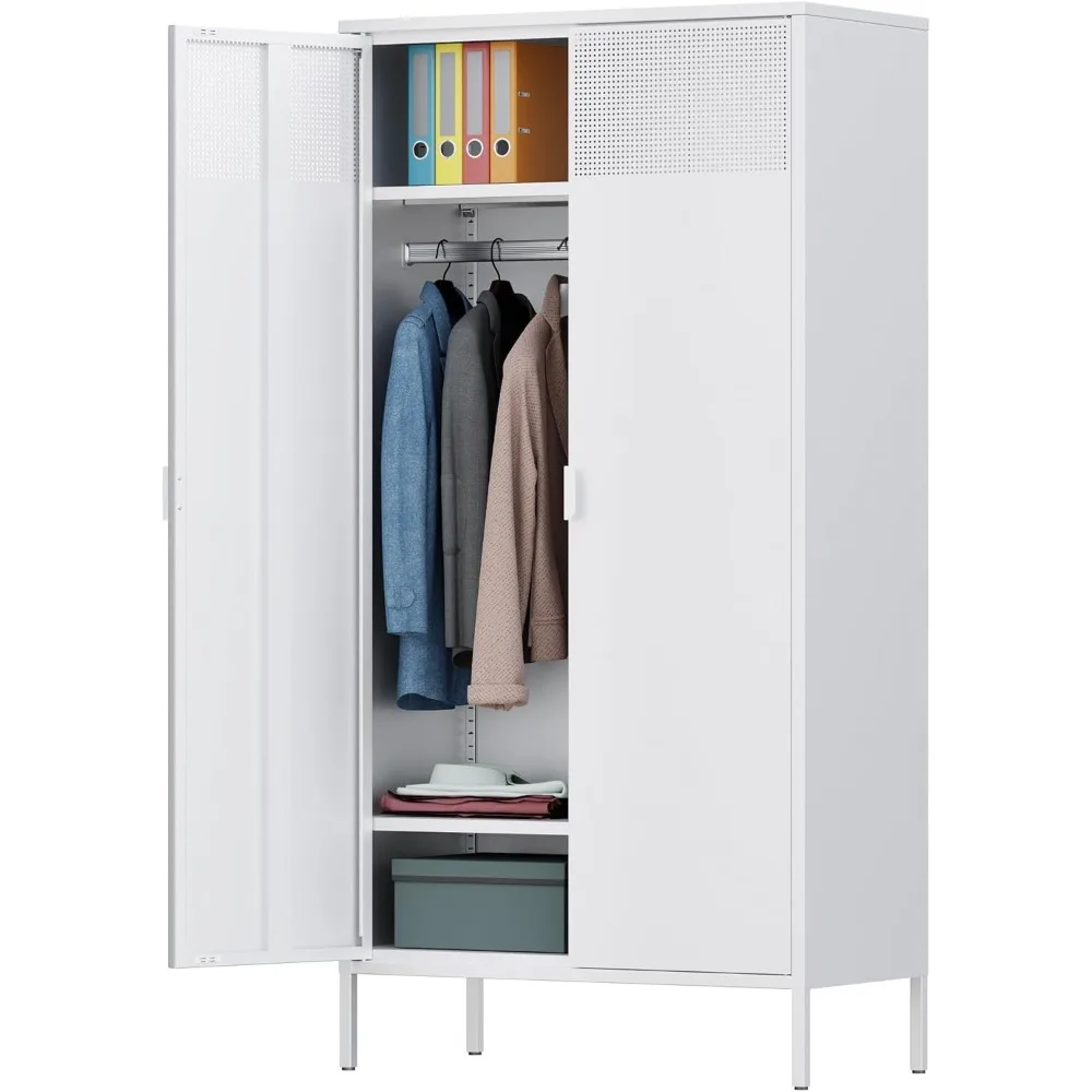 White Metal Wardrobe Cabinet with Hanging Rod, Metal Armoire Wardrobe Closet with Doors for Bedroom, Office, Laundry Room