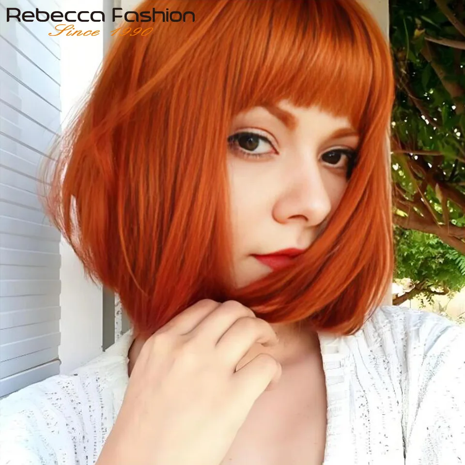 

Ginger Orange Straight Short Bob Human Hair Bob 99J P4/30 Colored Human Hair Wig with Bangs Full Machine Made Wig Wear And Go