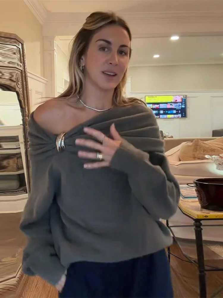 

Casual Off Shoulder Women Sweater Grey Solid Long Sleeve Knitted Folds Pullovers Fashion 2025 Autumn Winter Lady Streetwear Top