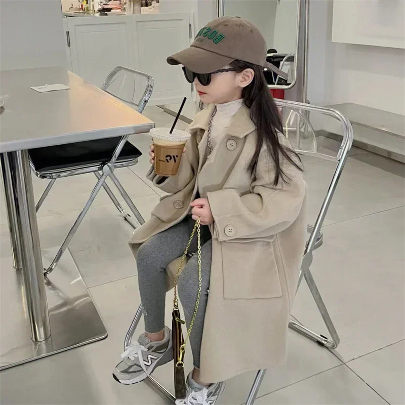 Woolen Coat Korean Girls Casual Windbreaker Autumn Winter New Baby Loose Khaki Color Overcoat Outerwear Childrens Clothing