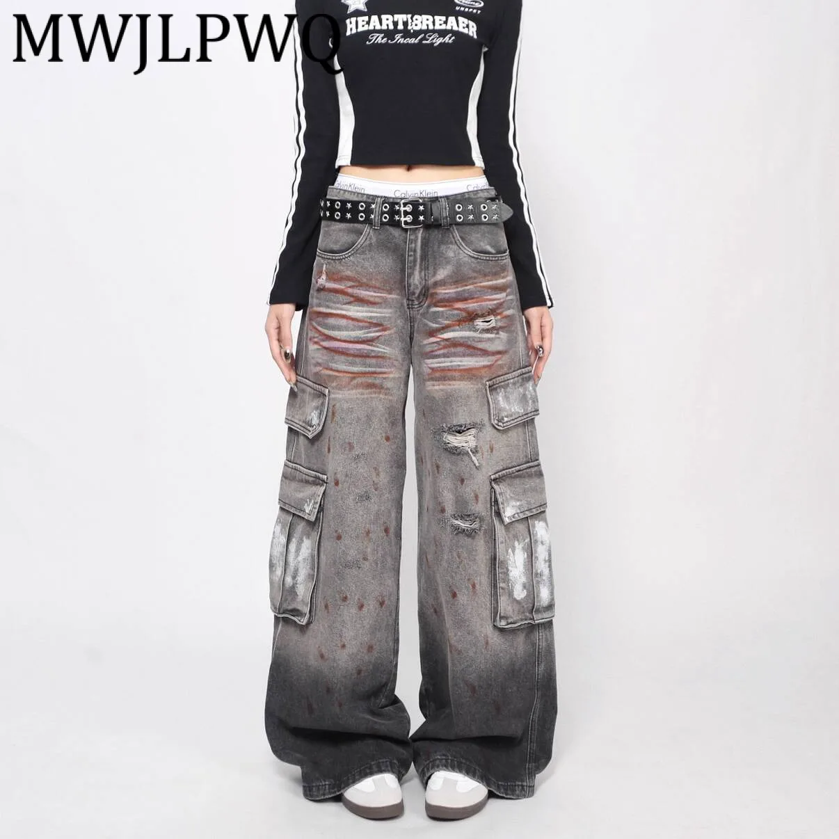 

MWJLPWQ винтажные джинсы с несколькими карманами в американском стиле High Street с граффити, мужские модные свободные прямые широкие брюки-карго, пара 21816