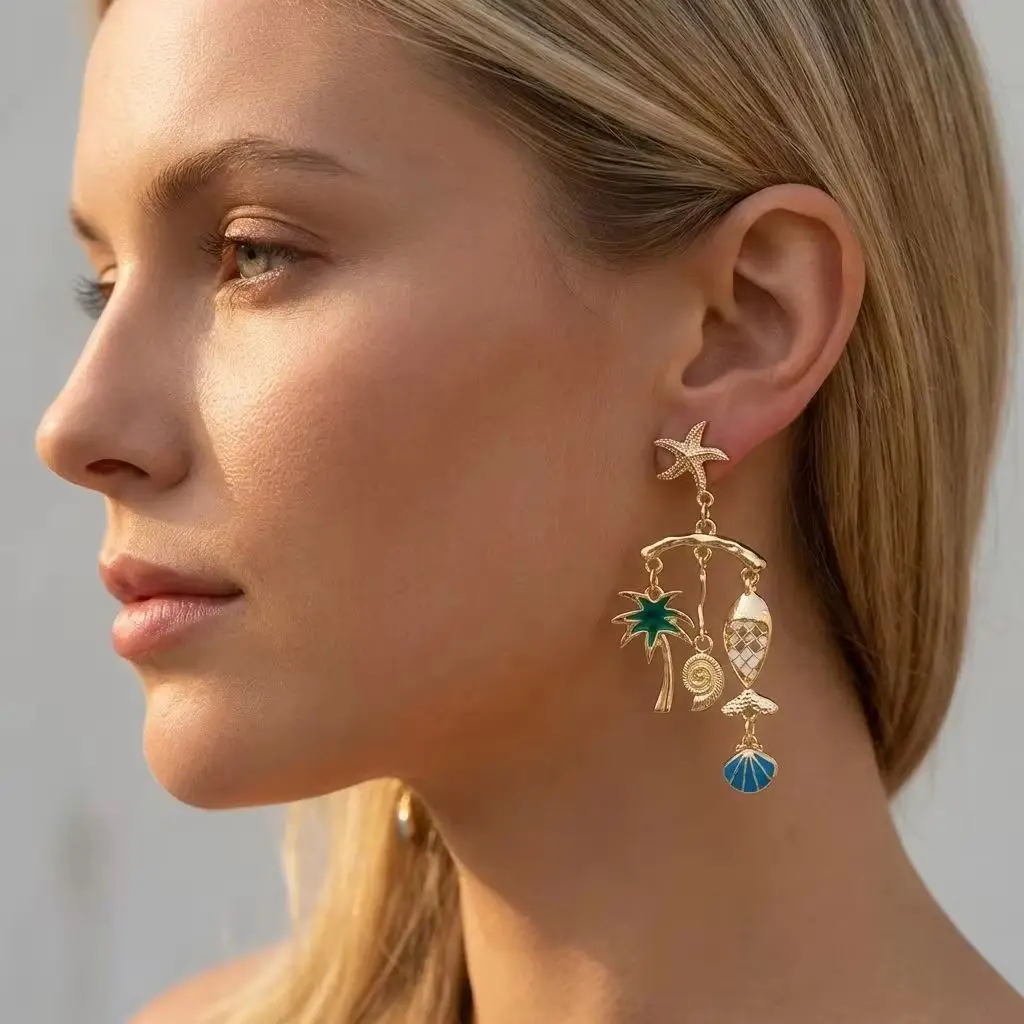 New Design Starfish Conch Shell Fish Tassel Earrings for Women Fashion Metal Enamel Coconut Tree Drop Earrings Party Jewelry