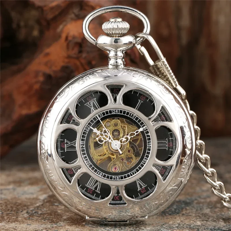 Silver Hollow Flower Case Roman Numeral Dial Pocket Watch Men Women Hand Wind Mechanical Watches Skeleton Clock Pendant Chain