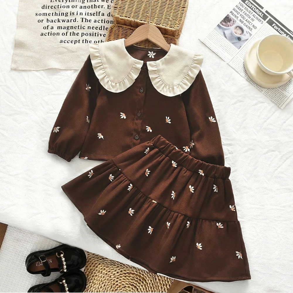 Korean Retro Brown Embroidered Girls' Clothing Spring and Autumn Long Sleeved Collared Shirt Top + Short Skirt Sets for Children