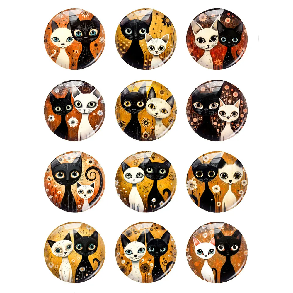 Handmade Cute Couple Cats Flower Animals Photo Glass Cabochon Charms Demo Flat Back Cameo For Diy Jewelry Making Finding