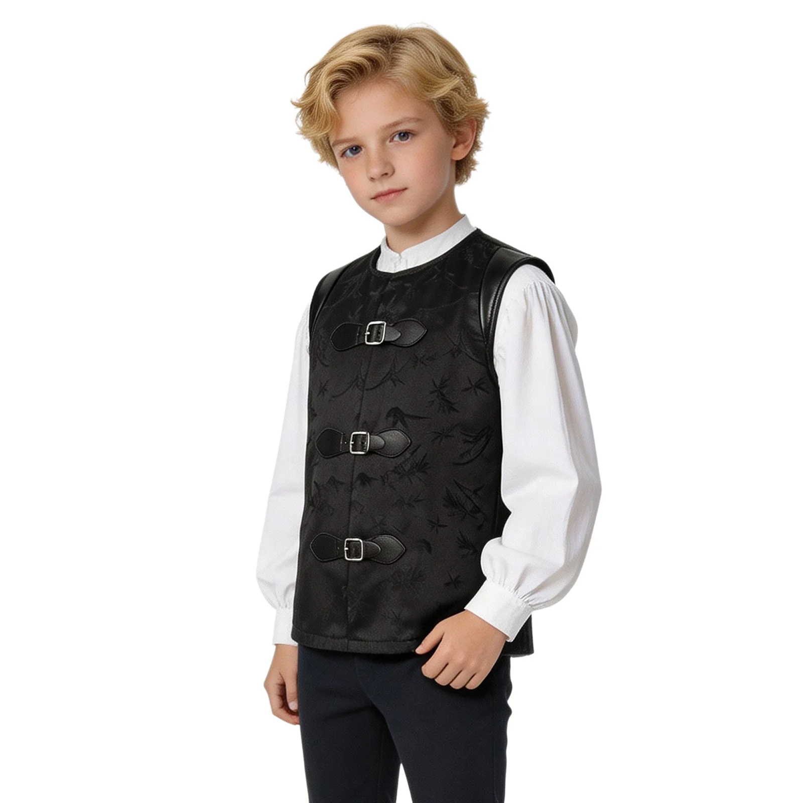Kids Boys Halloween Medieval Renaissance Prince Knight Dress Up Costume Faux Leather Buckles Satin Vest Viking Pirate Waistcoat