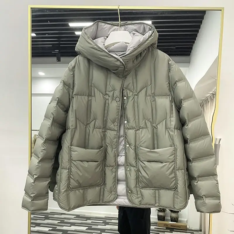 Jaqueta puffer feminina de pato branco, parkas casual solta com capuz, colarinho feminino de peito único, 90% para baixo de pato, nova, 2023