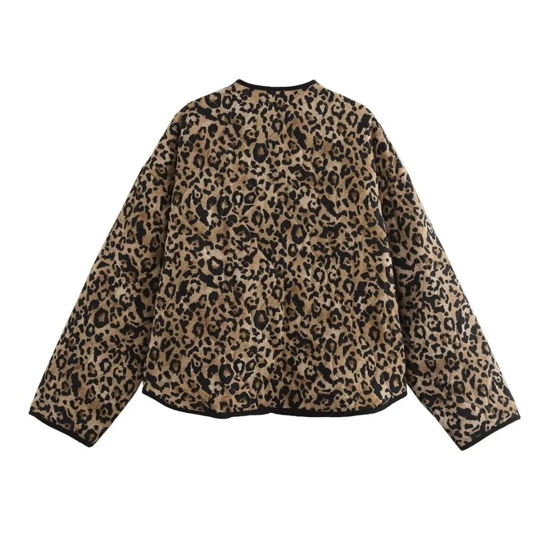 TRAF Leopard Print Women's Coats Autumn Button Overcoat Female Long Sleeve Quilted Jacket Women Winter New in Coats and Jackets