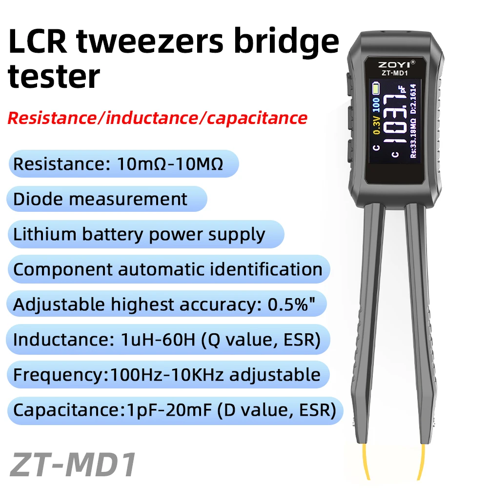 

ZT-MD1 Digital Mini Smart Tweezer LCR SMD ESR Tester Resistance Capacitance Inductance Continuity Diode Test Rechargeable
