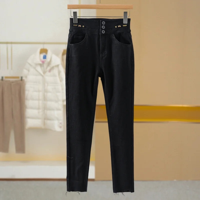 

High Waist Slim Fit Fleece Lined Denim Jeans Women's Winter Fashion Elastic Micro Stretch Contain Sticky Fiber Casual Trousers