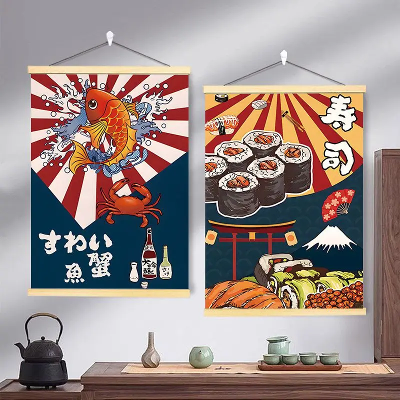 VIKAMA Japanese Sushi Koi Fish Wooden Hanger Tapestry Vintage Ukiyo e Food Poster Wall Hanging Izakaya Restaurant Bar Wall Decor