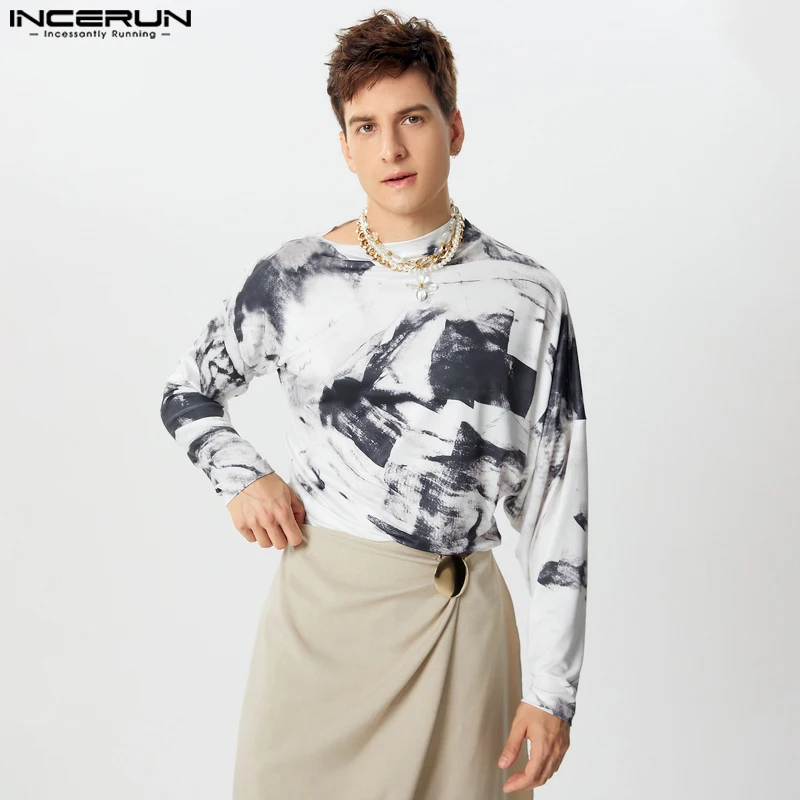 INCERUN Men Well Fitting Tops 2024 Casual Long Sleeve T-shirt Vintage Style Printing Tees Leisure Holiday Party Retro Streetwear