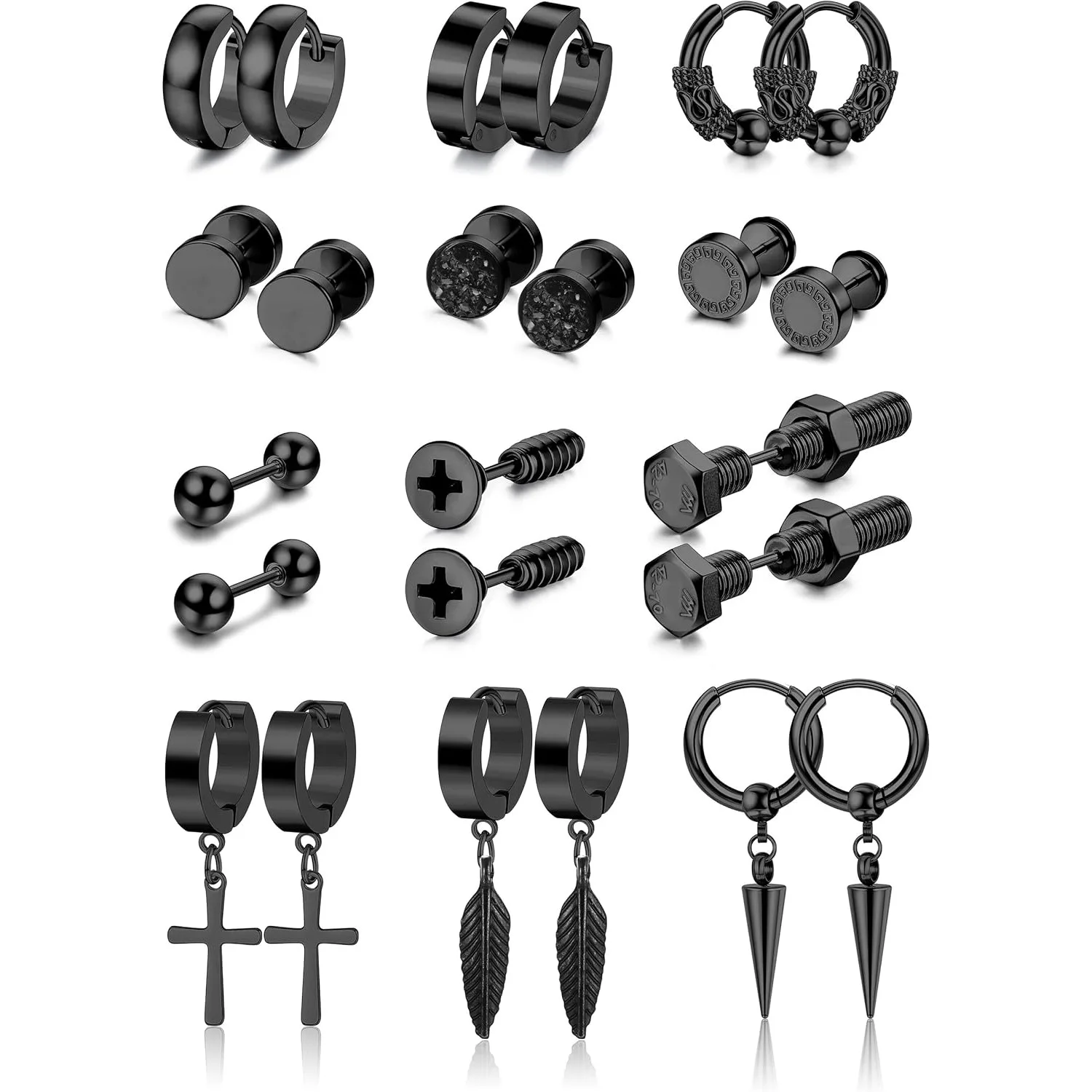 

Bobisty 12 Pairs Stainless Steel Hoop Studs Earrings for Men Women Screw Cross Dangle Cartilage Piercing Jewelry Halloween Goth