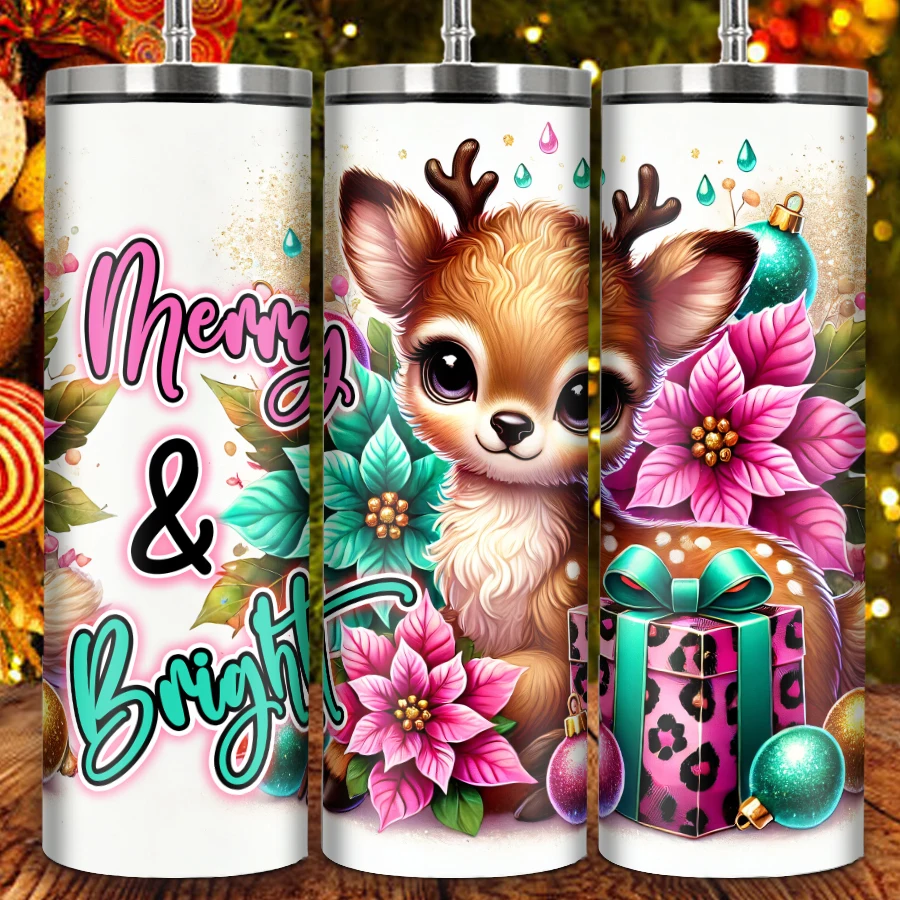 1Pc Coffee Bottle Straw Lid 20oz Stainless Steel Insulated Tumbler Cold Hot Print 3D Elk Christmas Halloween Party Scene Decors