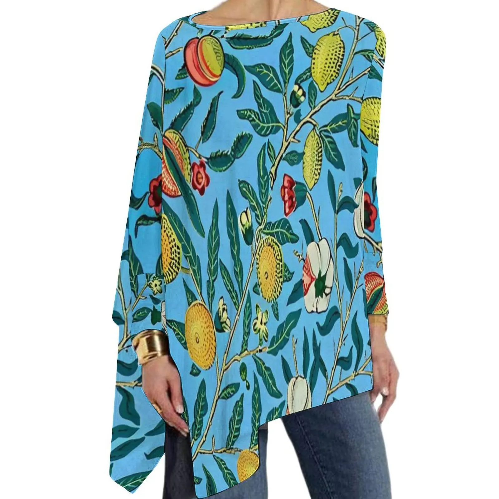 Fruit Print T Shirts William Morris Pretty T-Shirt Female Long Sleeve O Neck Street Fashion Tops Oversize Custom Tees