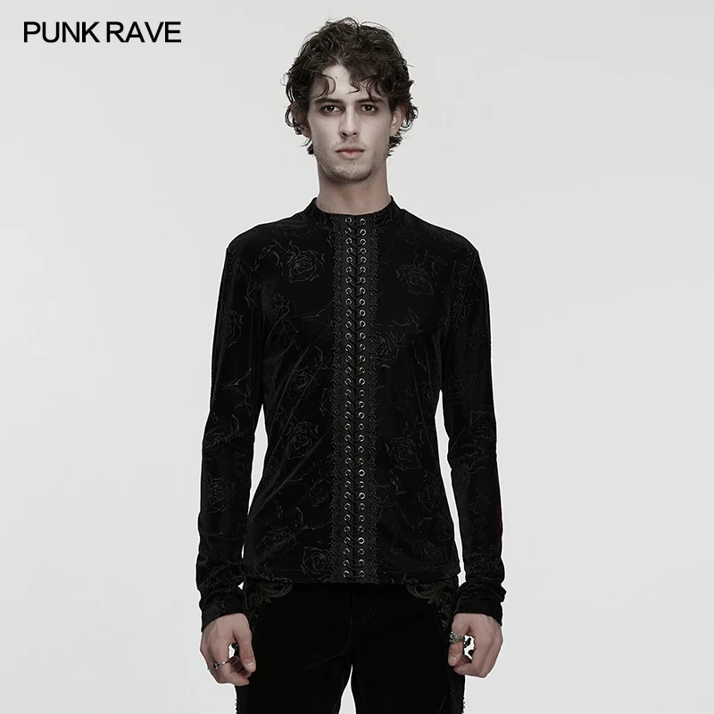 

PUNK RAVE Men's Gothic Dark Rose Embossed T-shirt Front Drawstring Delicate Lace 3D Sense Unique Beauty Velvet Tops Men Clothing
