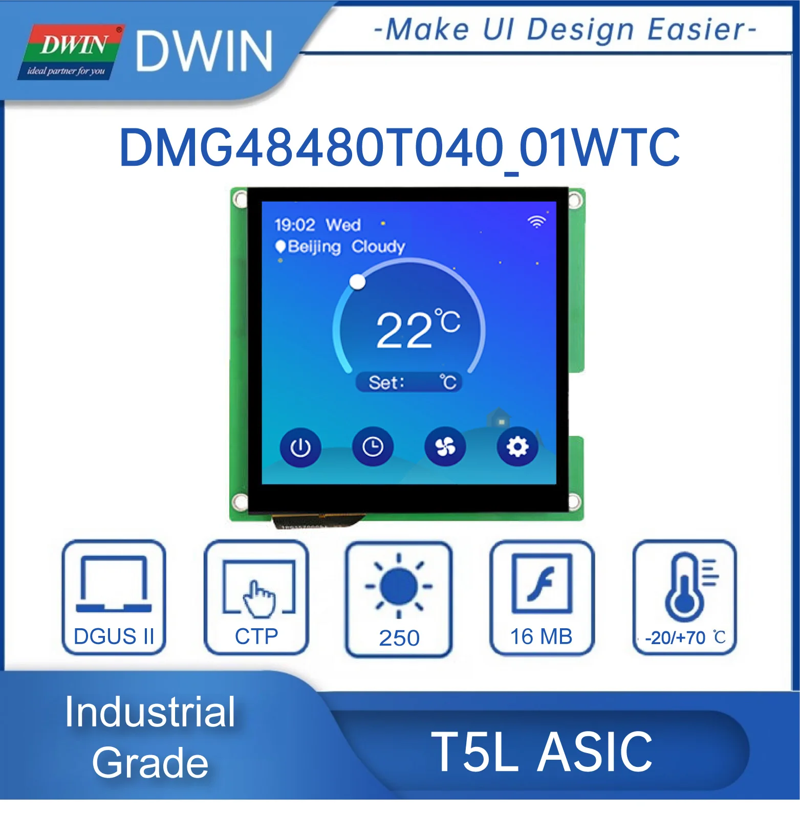 

DWIN 4,0 дюймовый 480*480 квадратный HMI экран, IPS TFT ЖК-дисплей с/с внешней сенсорной панелью DWG48480T040_01W