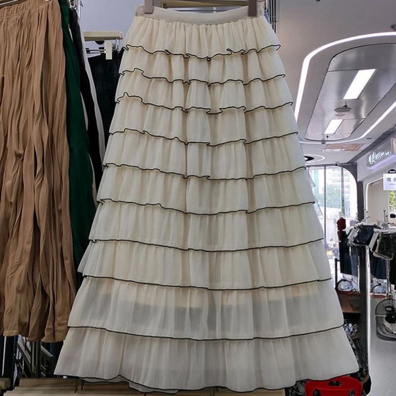 

Spring Autumn Trendy Tierred Cake Skirts Women 2025 Korean Fashion High Waist A-line Elegant Tulle Faldas